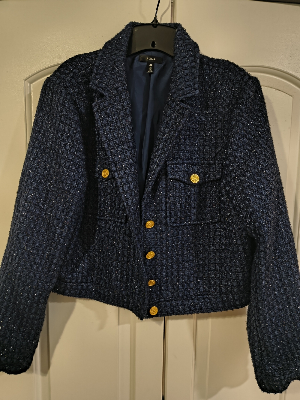 Aqua Navy Tweed Blazer with Gold Buttons